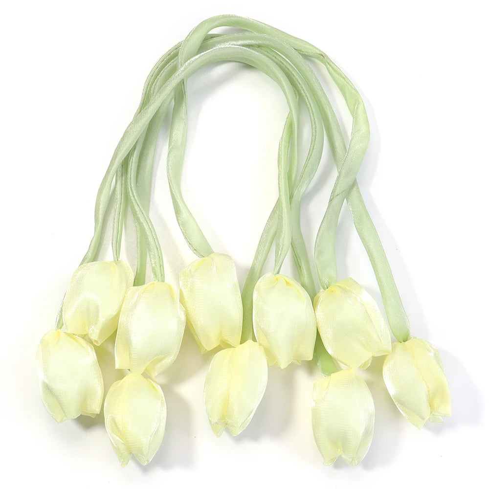 5pcs Tulip Fabric Flower Ribbons – DIY Bag Hat Clothes Decor Fabric Flower Trim PLUSH light yellow