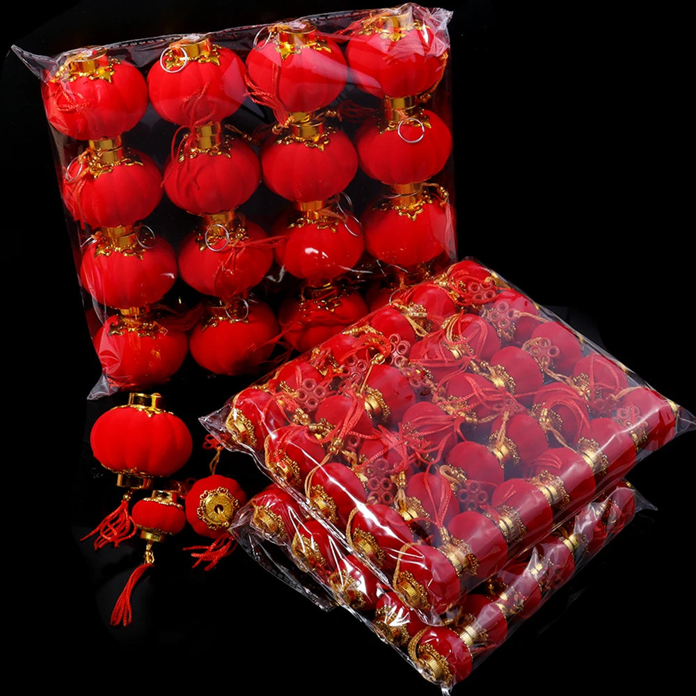 Mini Red Flocking Lanterns Chinese New Year DIY Decor 16-30pcs DIY Craft Decoration PLUSH