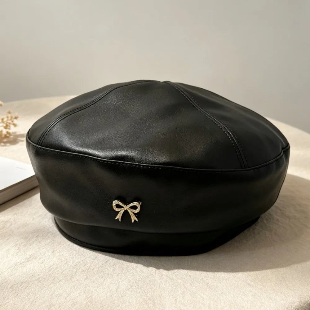 Women's PU Leather Bow Beret | British Newsboy Cap All Seasons Women's Beret Hat PLUSH