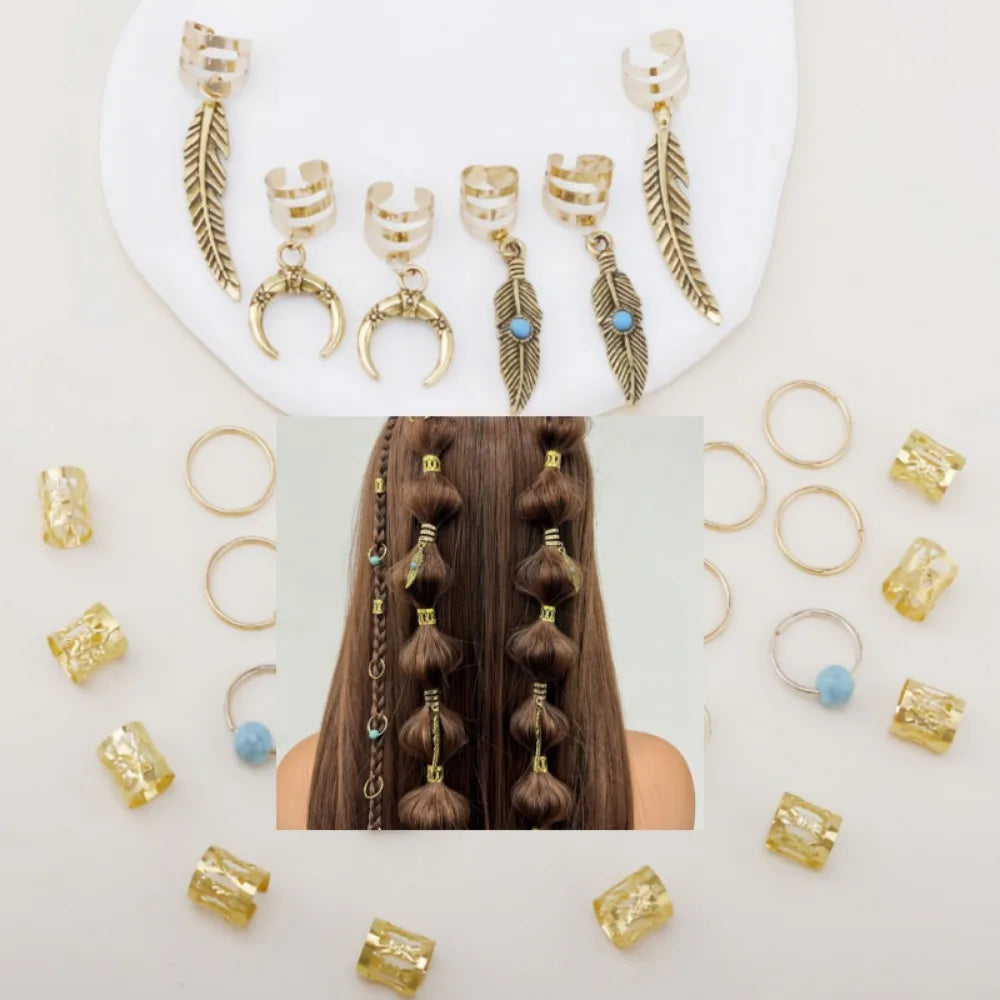 31pcs Retro Gold Leaf Moon Blue Metal Hair Braid Beads Set Hair Braid Beads PLUSH