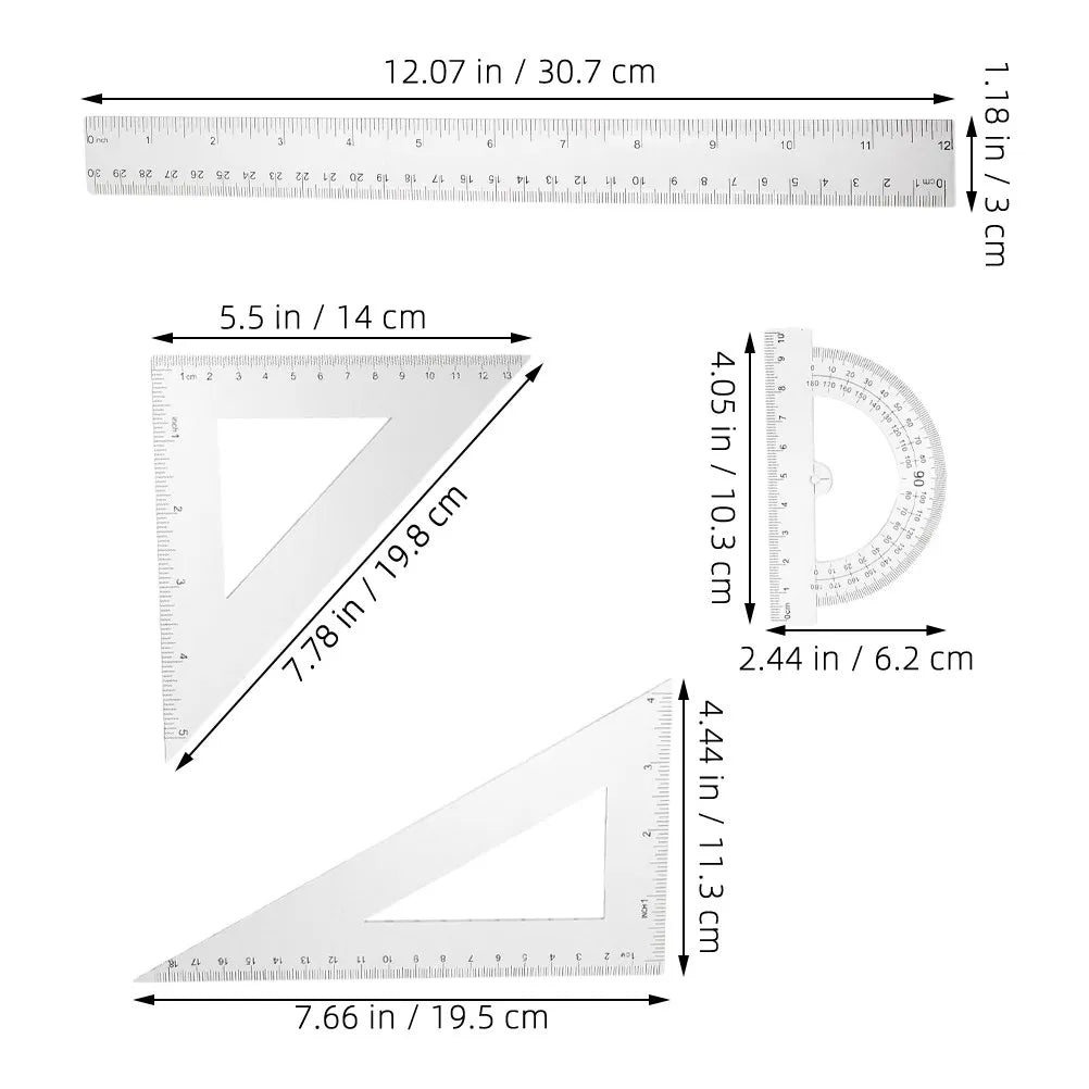 Clear Geometry Ruler Set – Protractor & Triangle Rulers, 2 Sets Geometry Ruler Set PLUSH
