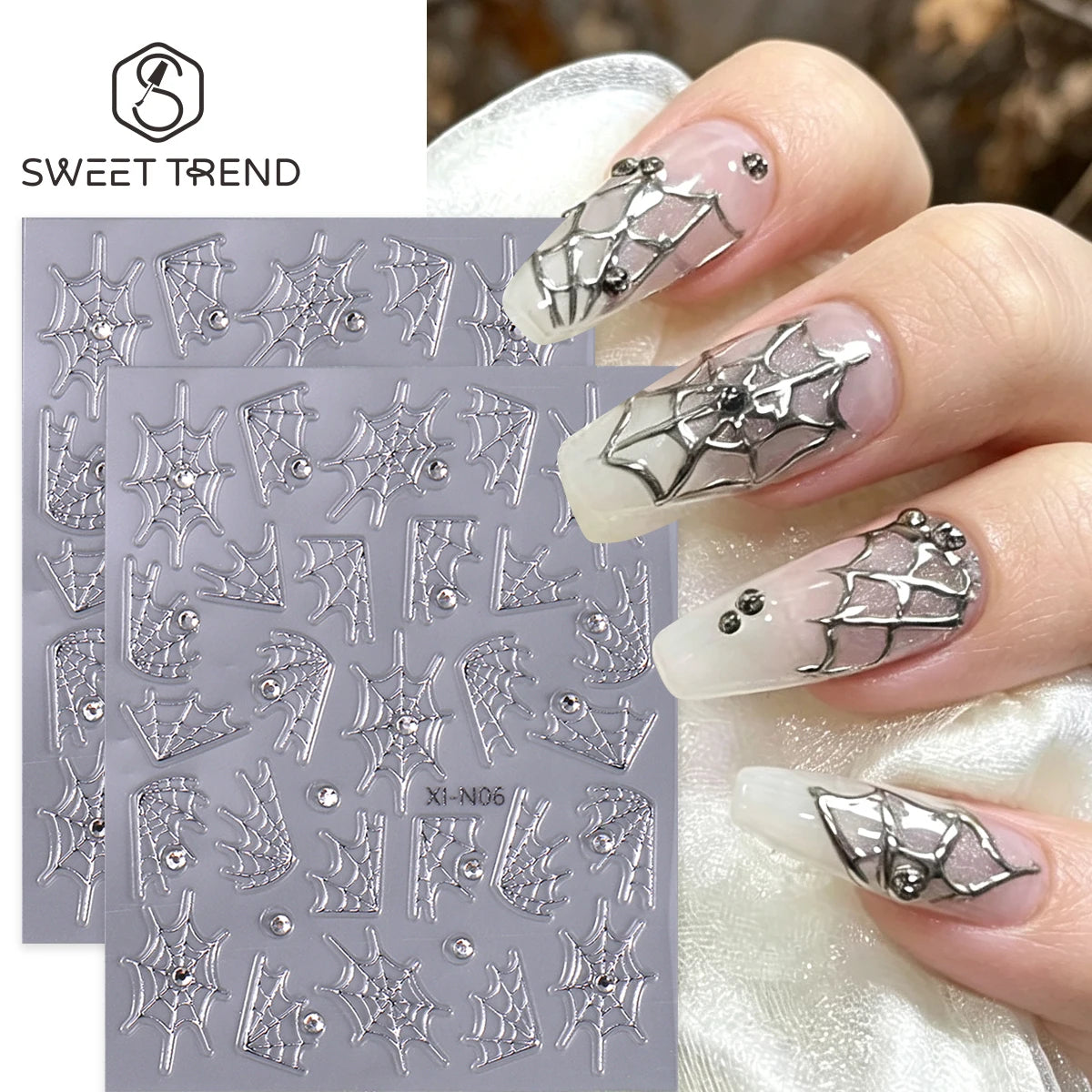 Spider Web Nail Stickers with Rhinestones – Gothic Halloween Decals Nail Art Stickers PLUSH