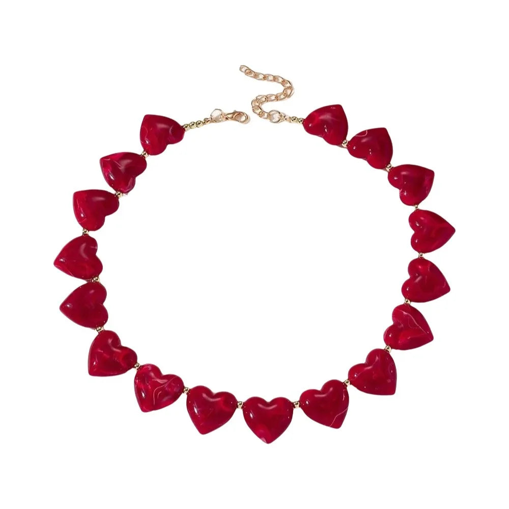 Love Heart Acrylic Choker Necklace – Women's Beaded Chain Choker Necklace PLUSH Dark Red