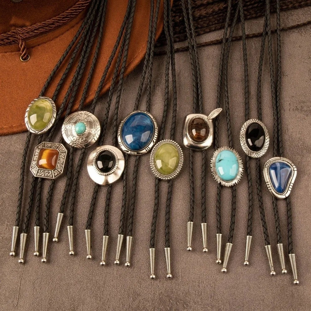 Braided Bolo Tie Necklace – Oval Stone Western Cowboy Style Bolo Tie Necklace PLUSH