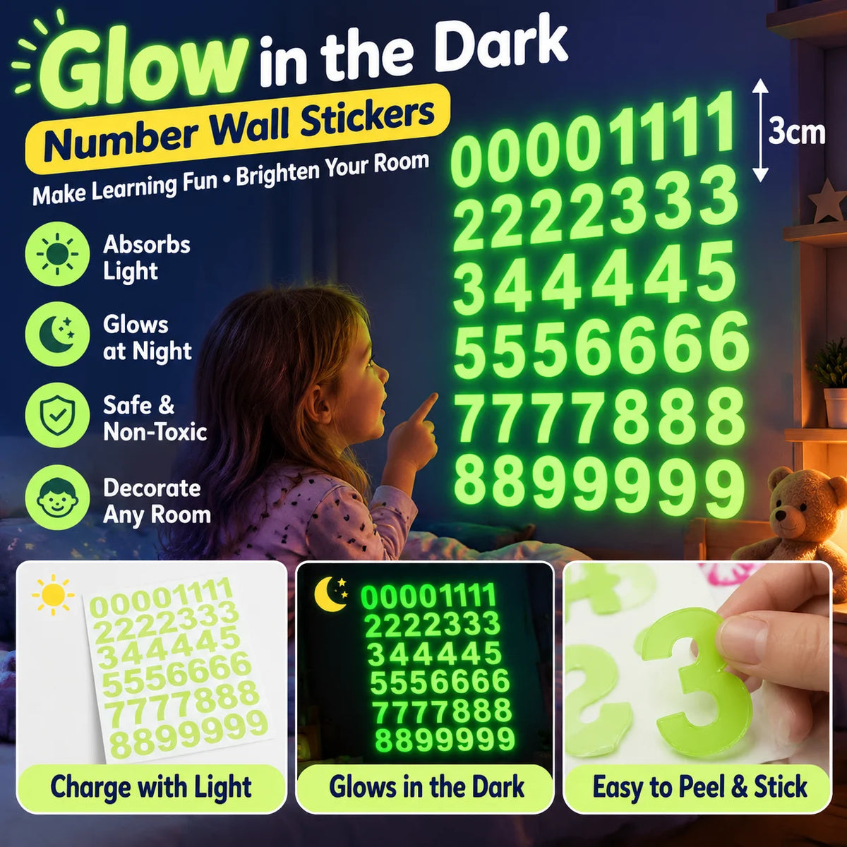 Glow in the Dark Number Wall Stickers – Luminous Decals Wall Decal Stickers PLUSH Green-3cm 10PCS