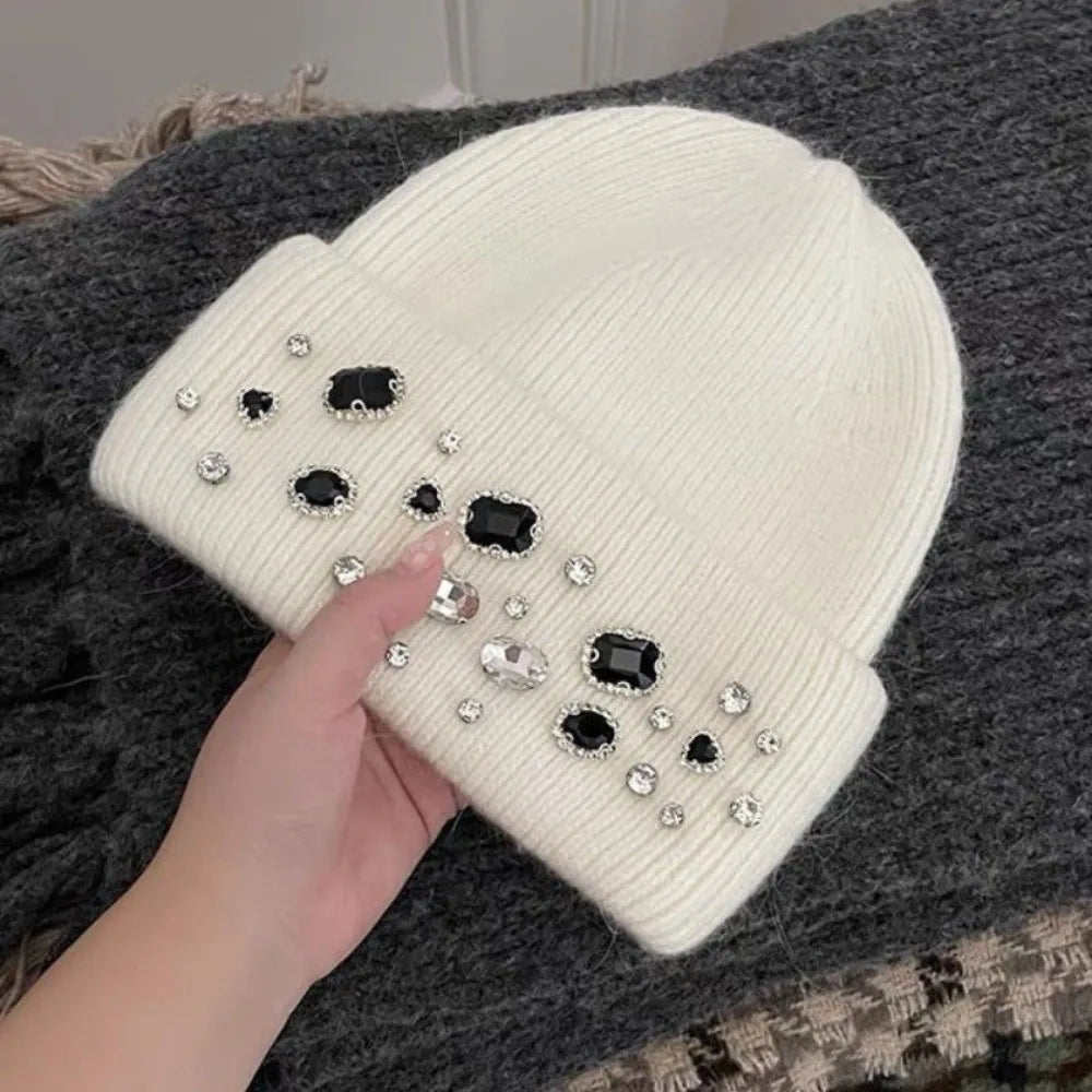 Women's Rhinestone Knit Beanie – Warm Winter Hat Knit Beanie Hat PLUSH White