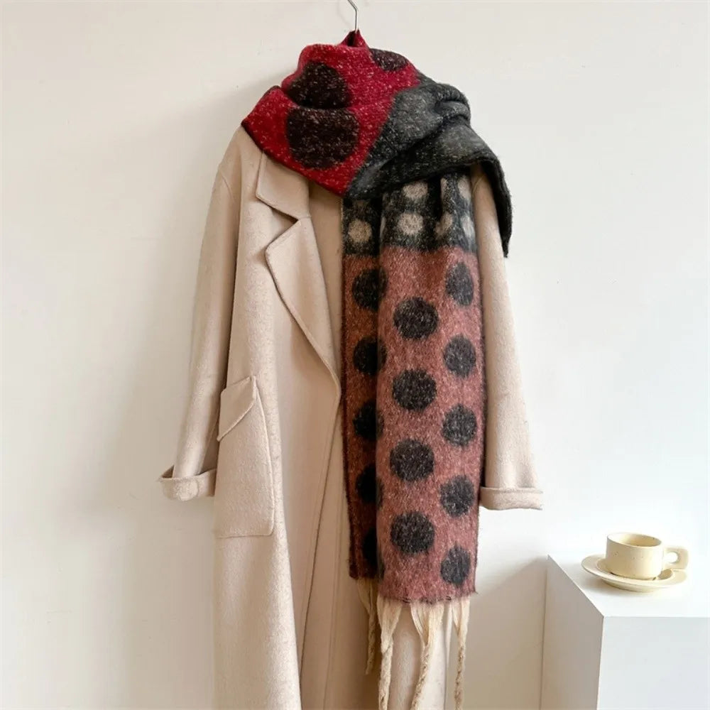 Vintage Polka Dot Faux Cashmere Scarf – Tassel Wrap Shawl Scarf & Wrap Shawl PLUSH Red