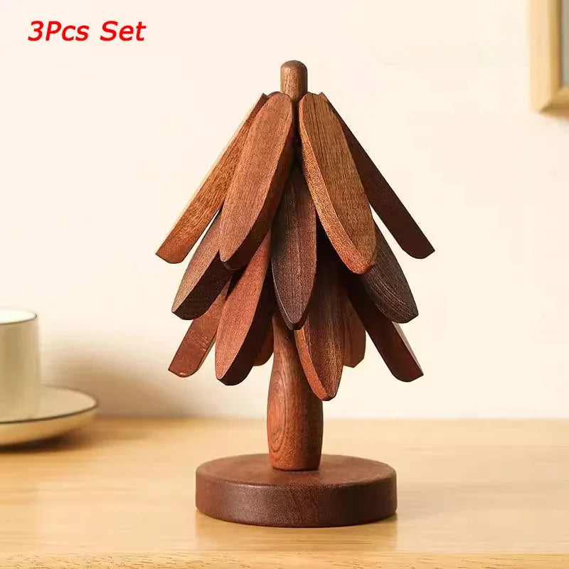 Bamboo Wooden Trivets Tree Design Table Mats & Coasters Set Bamboo Trivet Set PLUSH 3Pcs Set L