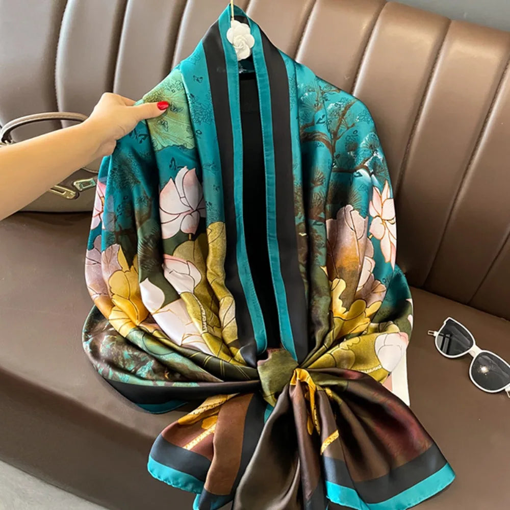 Women's Silk Chiffon Scarf – Lotus Print Shawl Wrap | 180cm Silk Chiffon Scarf PLUSH Style10