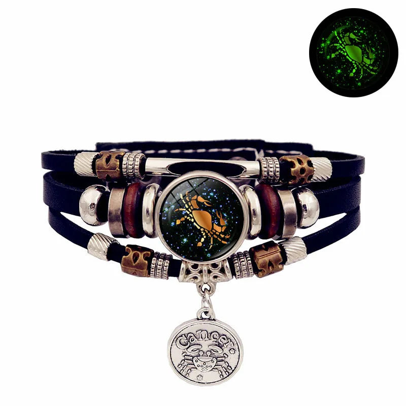 Luminous Zodiac Leather Bracelet – Glow in Dark | All 12 Signs Charm Bracelet PLUSH Cancer