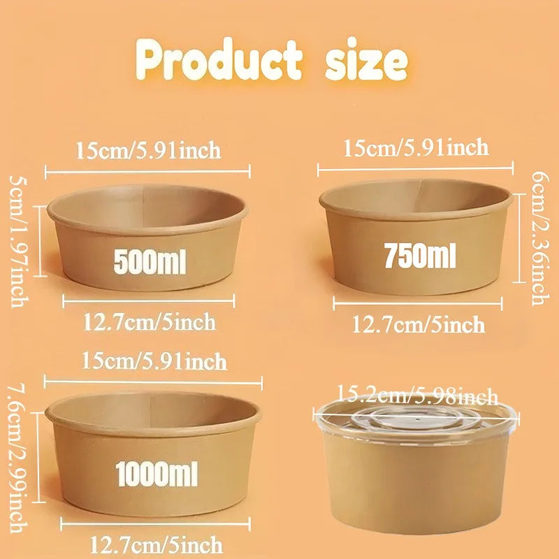 Kraft Paper Round Bowls with Lids – Disposable Bento Box Disposable Food Containers PLUSH