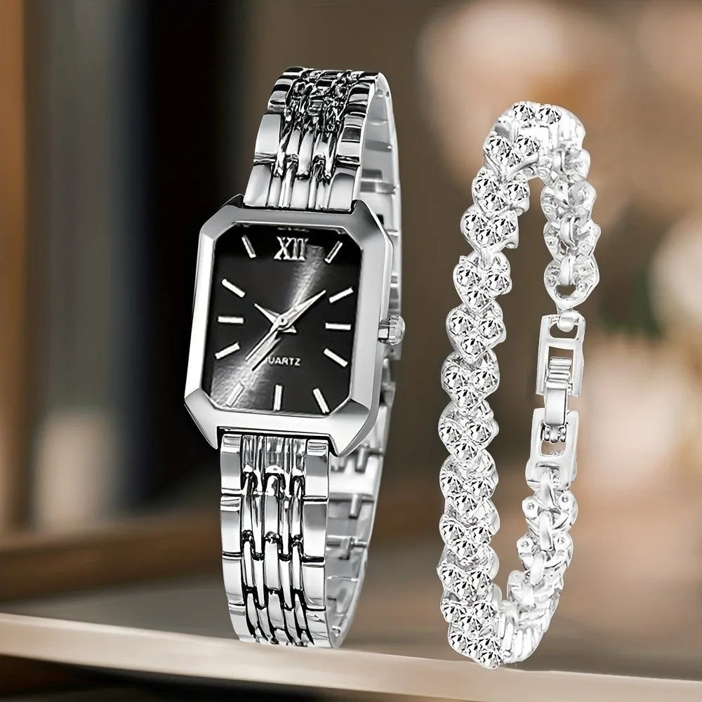 Women's Quartz Watch & Rhinestone Bracelet Set | Rectangle Dial Watch & Bracelet Set PLUSH Style 5