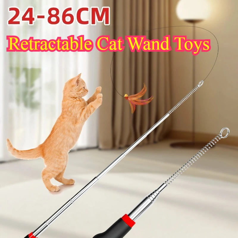 Retractable Feather Wand Cat Toy – Interactive Teaser Stick Interactive Cat Toy PLUSH