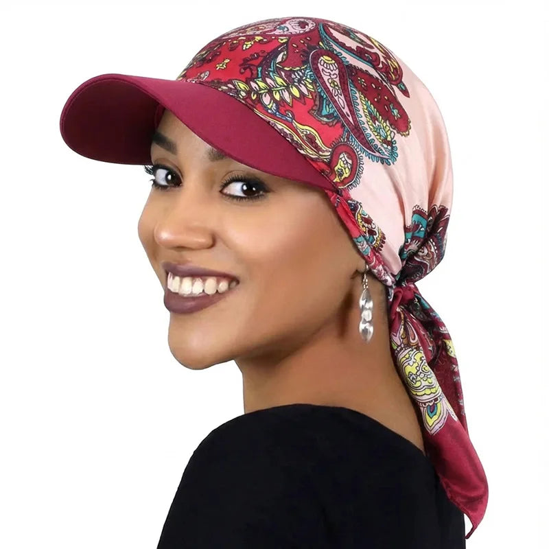 Women's Bandana Visor Hat Self-Tie Headscarf Beach Cap Visor Headscarf Hat PLUSH Wine Red Amoeba One Size