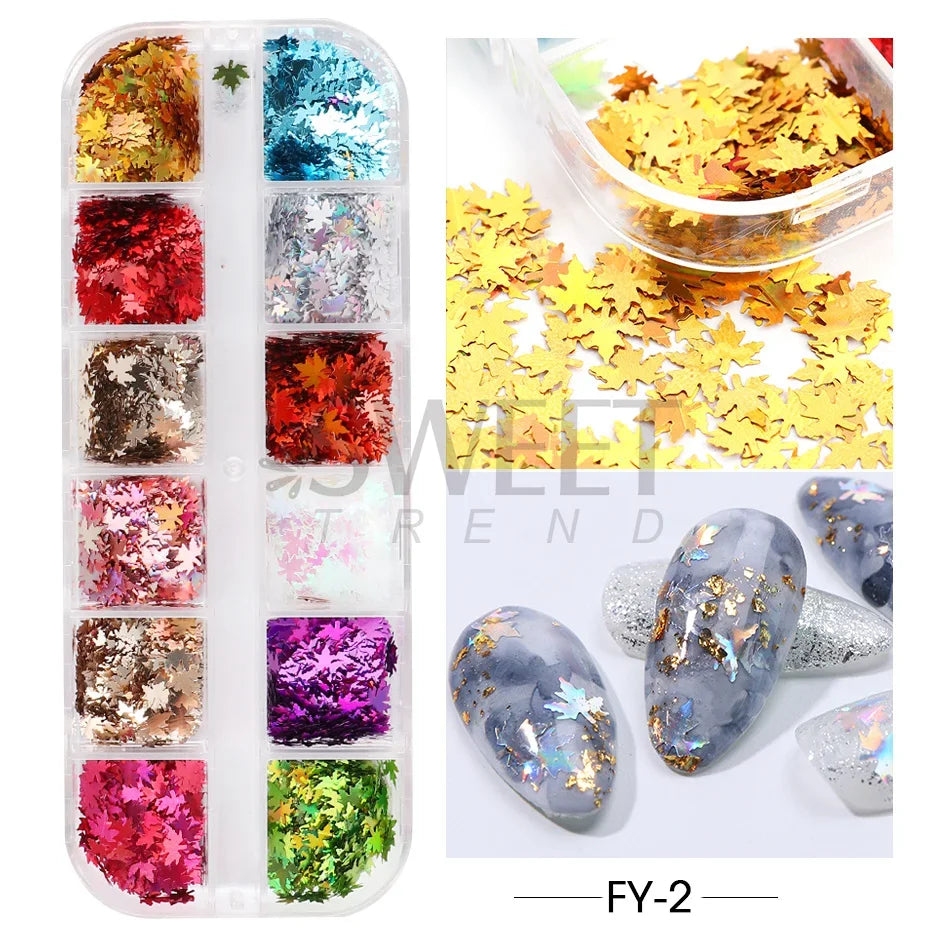 12-Grid Maple Leaf Nail Art Sequins – Fall Glitter Flakes Set Nail Art Sequins PLUSH FY-2