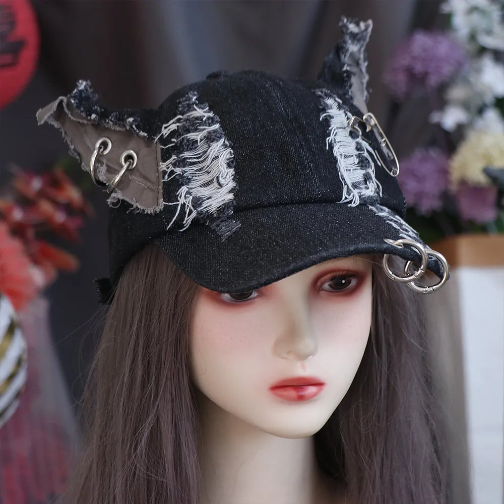 Y2K Bunny Ears Ripped Denim Snapback Cap – Punk Retro Hat Snapback Cap PLUSH