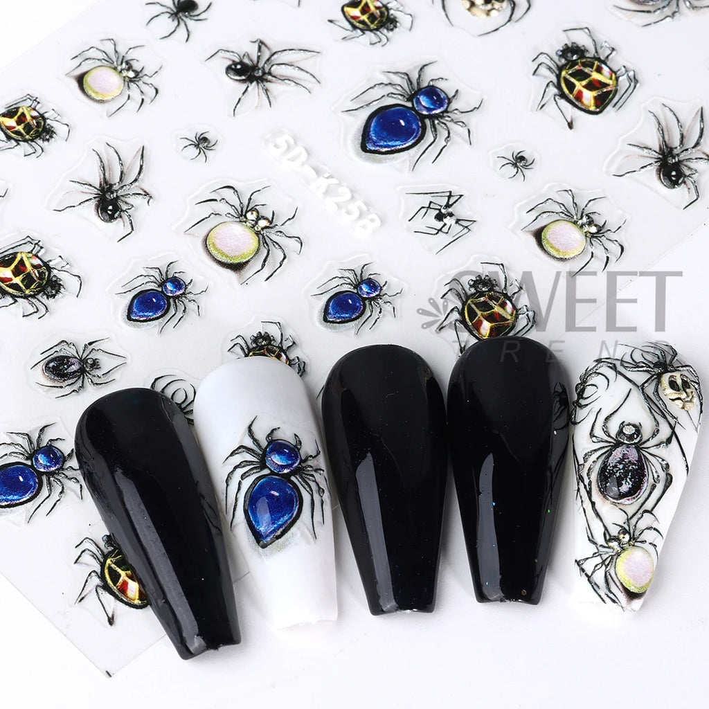 Halloween 5D Embossed Nail Stickers – Spider, Gem & Web Decals Nail Art Stickers PLUSH