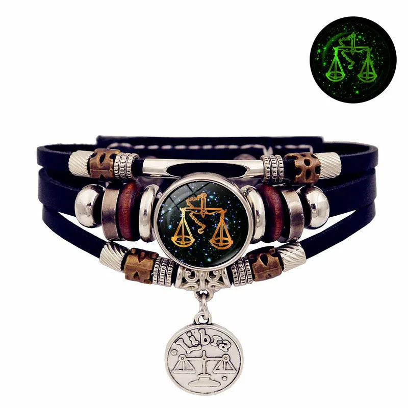 Luminous Zodiac Leather Bracelet – Glow in Dark | All 12 Signs Charm Bracelet PLUSH libra