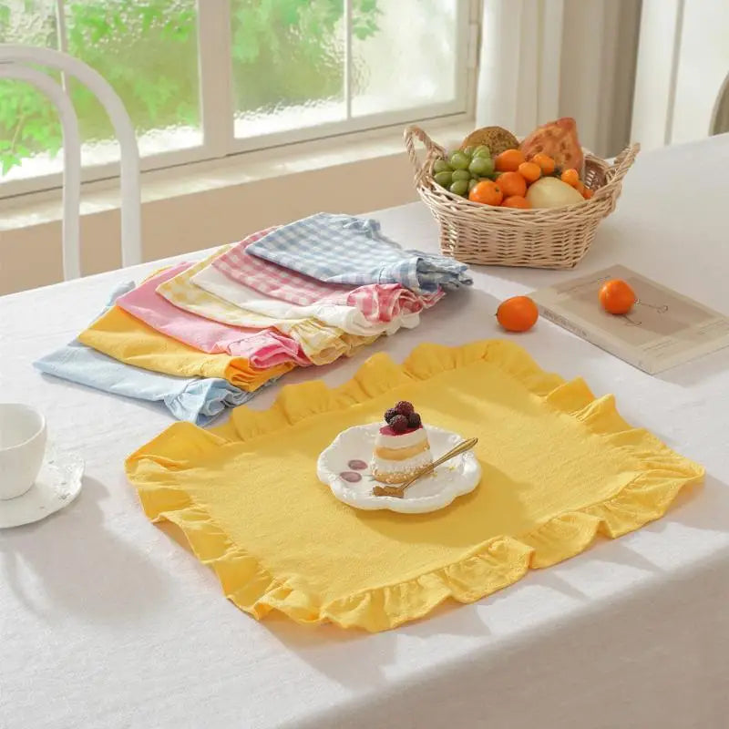 Pink Blue Stripe Ruffle Placemats – Stylish Dining Table Set Decorative Placemat PLUSH