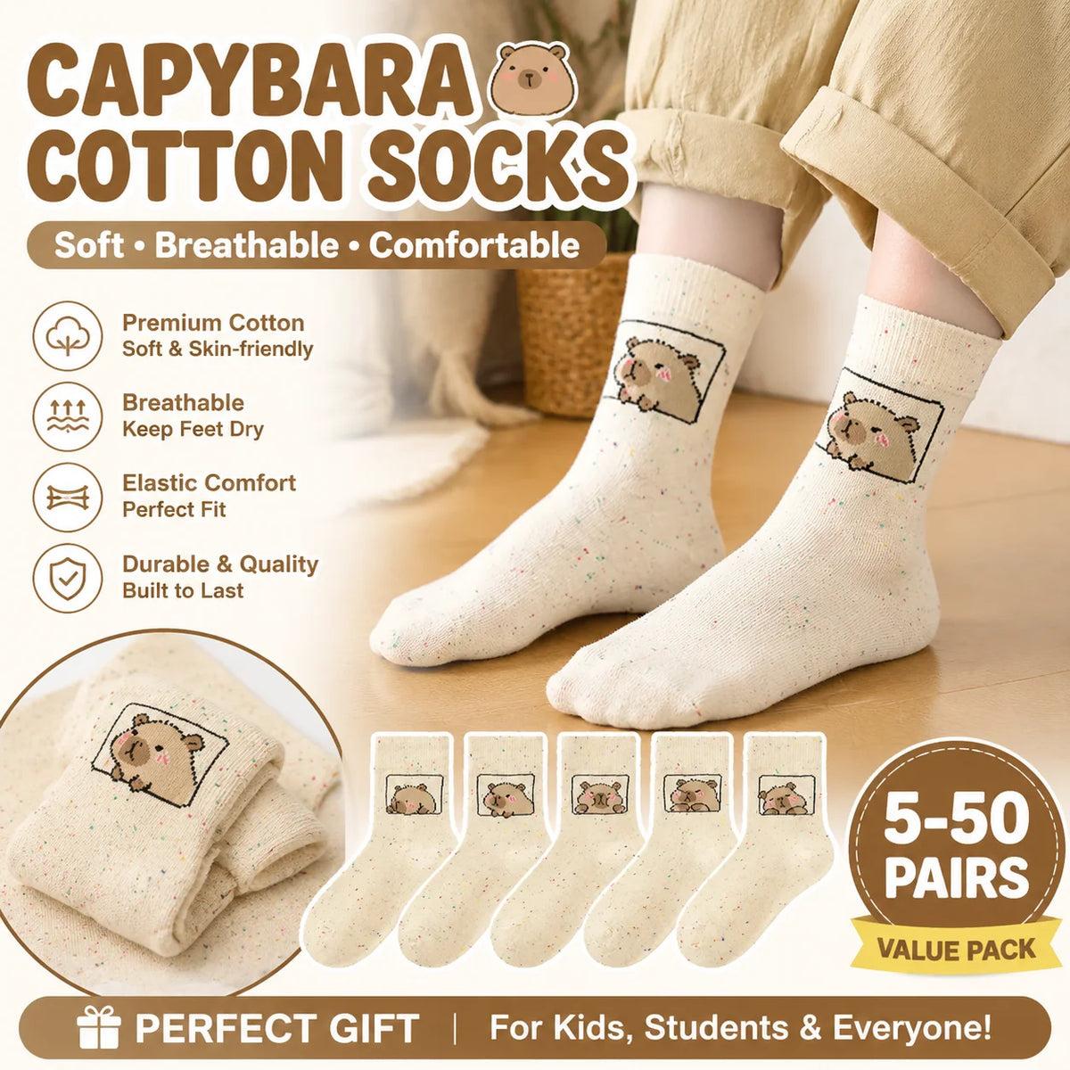 Kids Capybara Bear Cotton Crew Socks – 5 to 50 Pairs Unisex Kids Cartoon Socks PLUSH