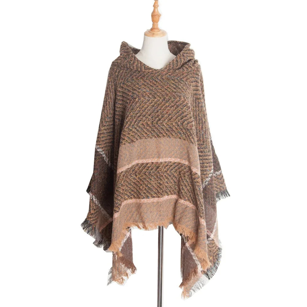 Women's Tassel Hooded Cape Plaid Knit Shoulder Wrap Cloak Hooded Cape Wrap PLUSH Coffee