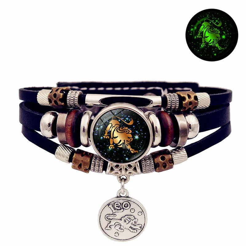Luminous Zodiac Leather Bracelet – Glow in Dark | All 12 Signs Charm Bracelet PLUSH Leo