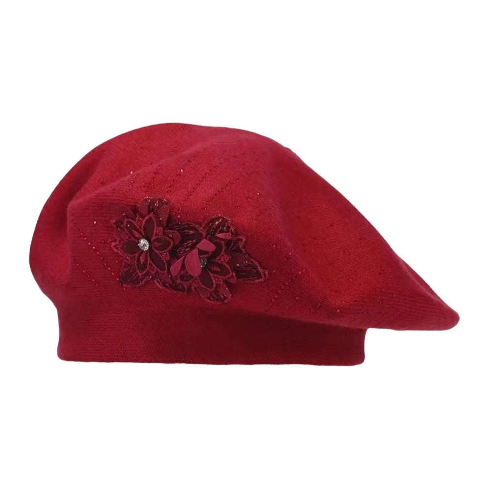 Women's French Beret Hat – Rhinestone Flower Cotton Cap Women's Beret Hat PLUSH Dark Red
