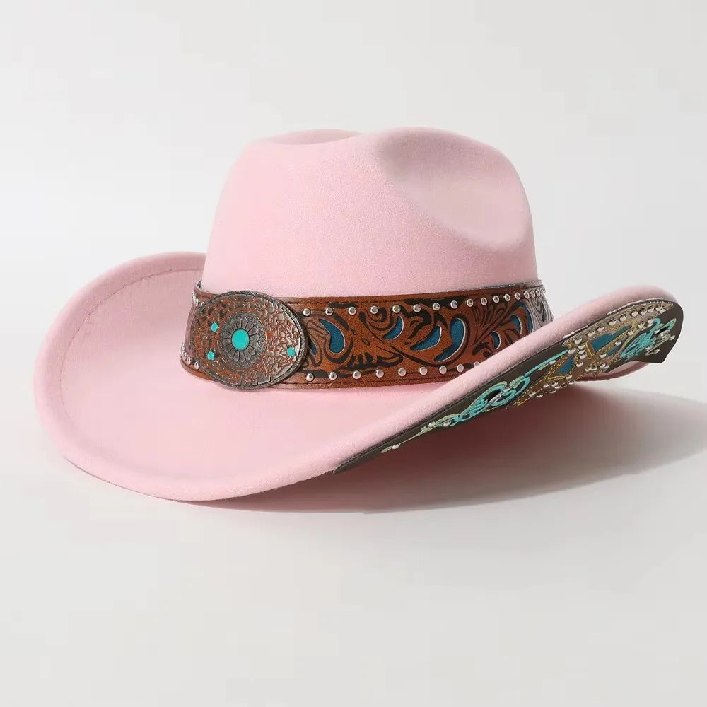 Western Cowboy Hat Turquoise Decor Wide Brim Cowgirl Fedora Western Cowgirl Hat PLUSH Pink