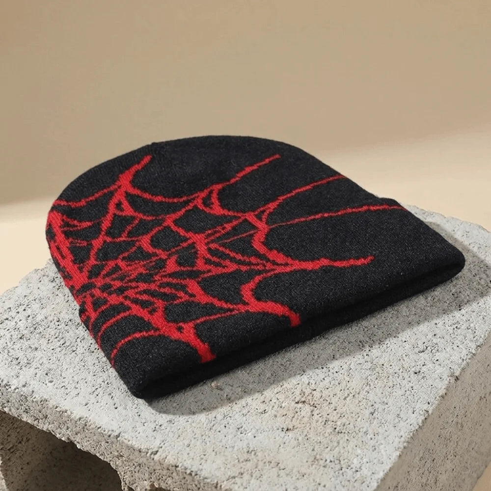 Y2K Spider Web Knit Beanie Hat – Cuffed Stretch, Multi Colors Knit Beanie Hat PLUSH