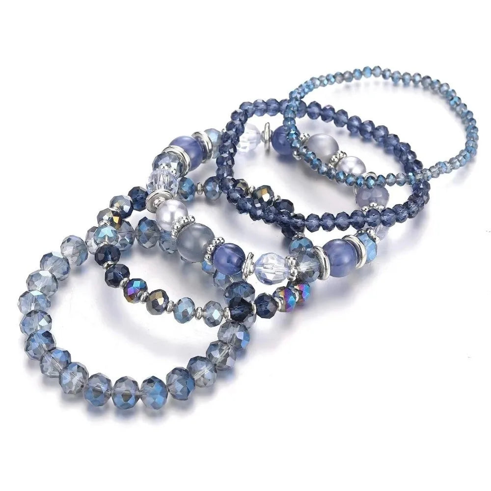 Bohemian Faceted Glass Bead Elastic Layered Bracelet Set 5pcs Beaded Bracelet Set PLUSH