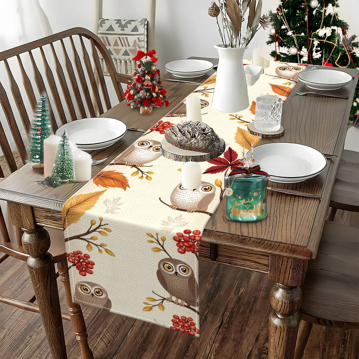Autumn Owl Table Runner – Leaves & Berries | 3 Sizes Table Runner PLUSH