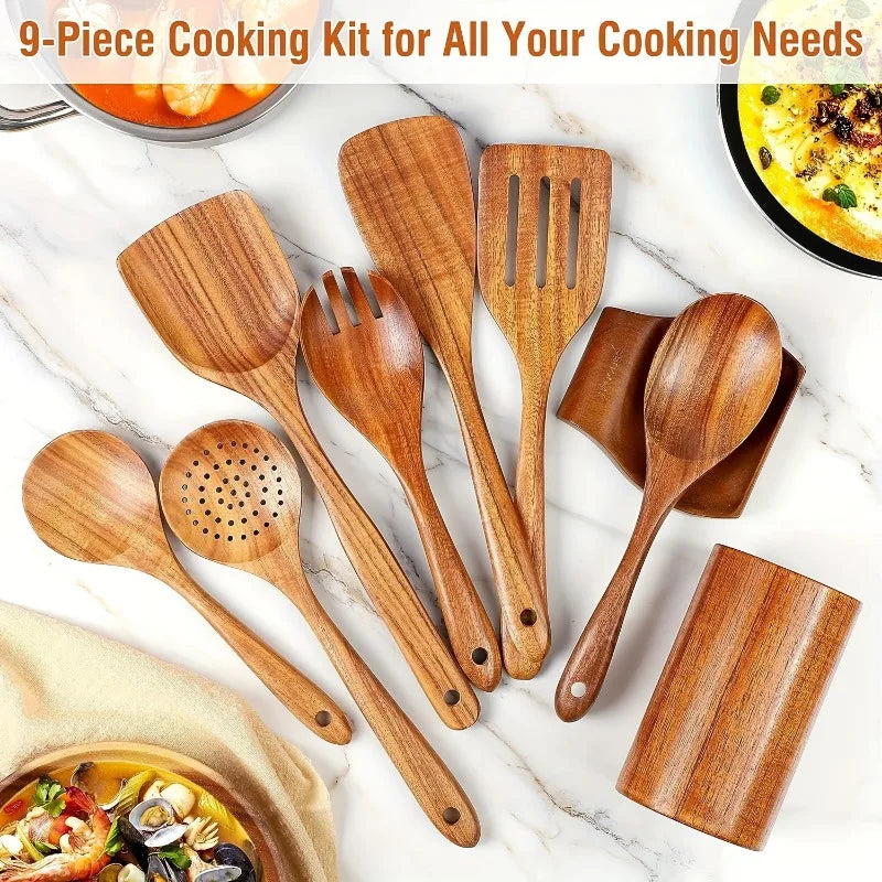 9-Piece Wooden Cooking Utensils Set – Non-Stick Safe Kitchen Wooden Utensil Set PLUSH