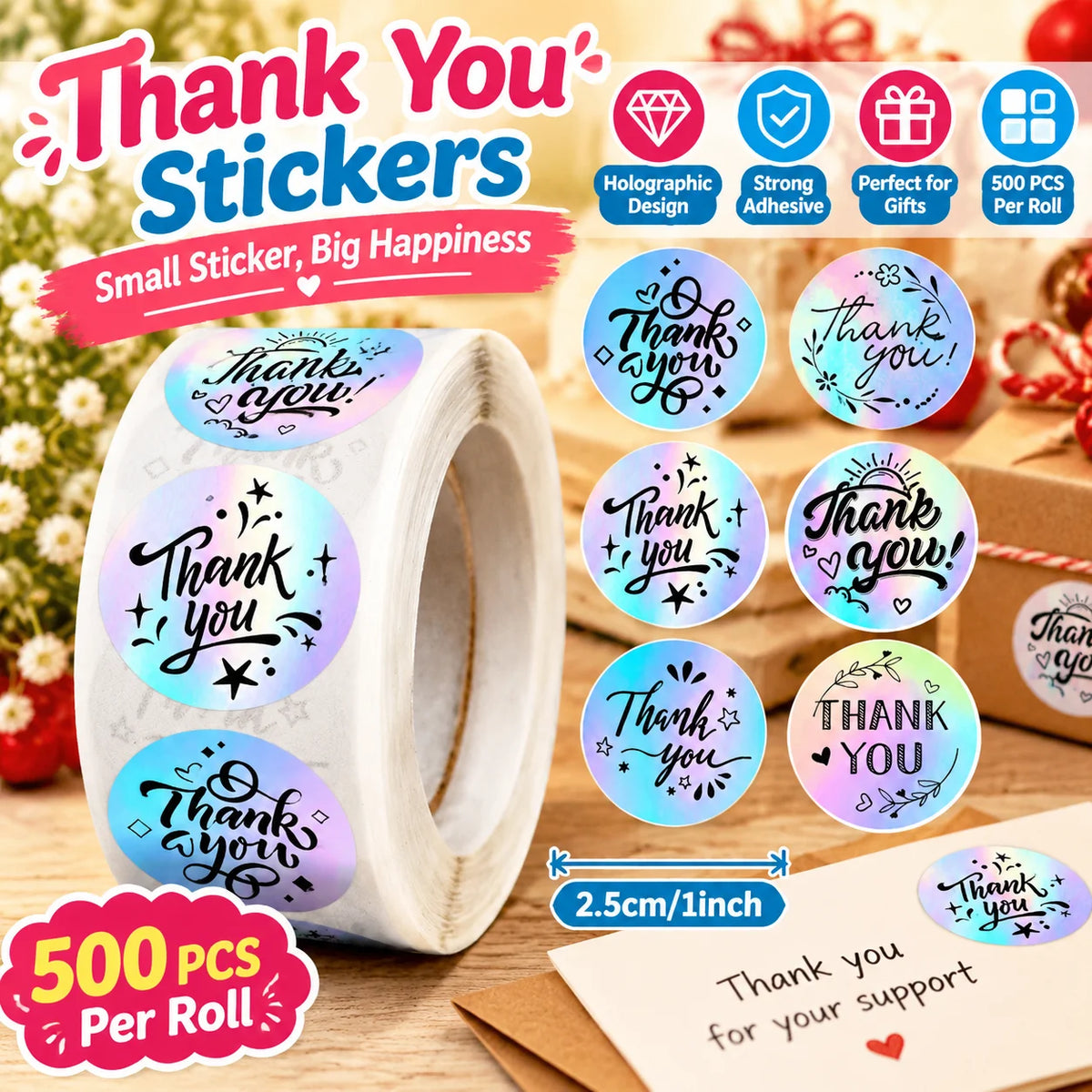 500pcs Laser Thank You Stickers 1 Inch Self-Adhesive Labels Packaging Sticker Labels PLUSH