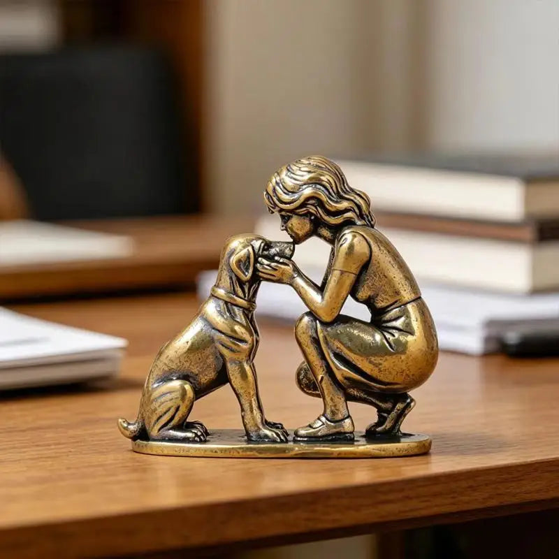 Brass Girl & Dog Figurine – Retro Mini Desktop Ornament Decor Brass Desktop Figurine PLUSH