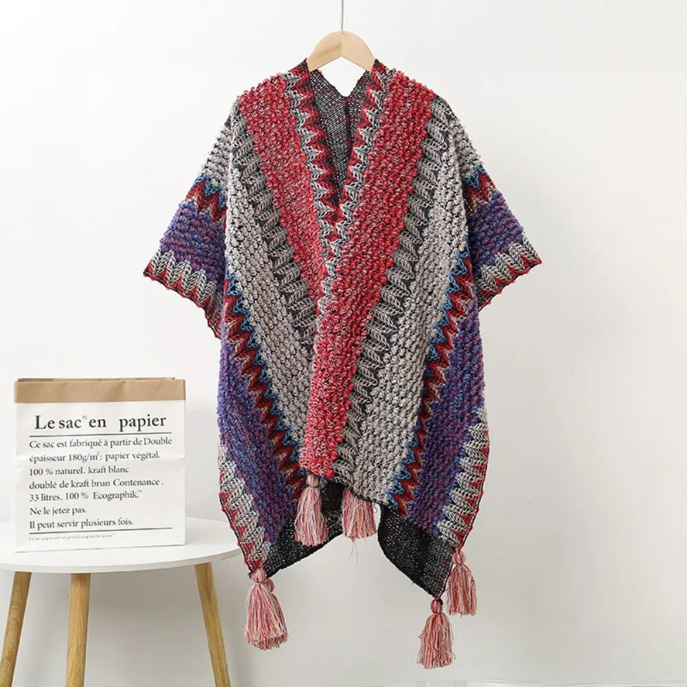 Women's Bohemian Knit Tassel Poncho Shawl – Ethnic Cape Wrap Knit Poncho Cape PLUSH Style 4