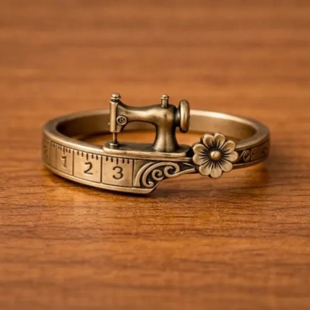 Sewing Machine Cuff Bracelet & Ring – Vintage Bronze Alloy Fashion Cuff Bracelet PLUSH Ring Size 9