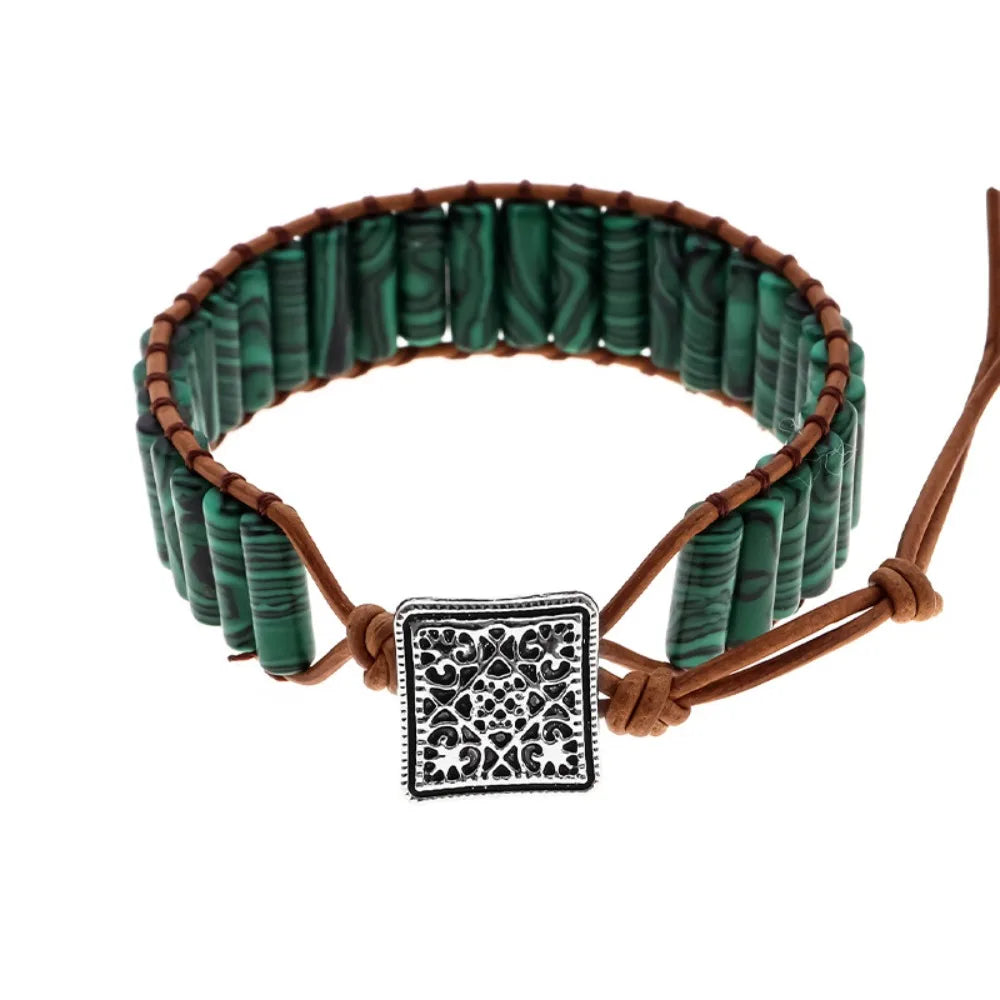 Rainbow Stone Beaded Bracelet – Boho Woven Adjustable Bangle Charm Bracelet PLUSH Dark Green