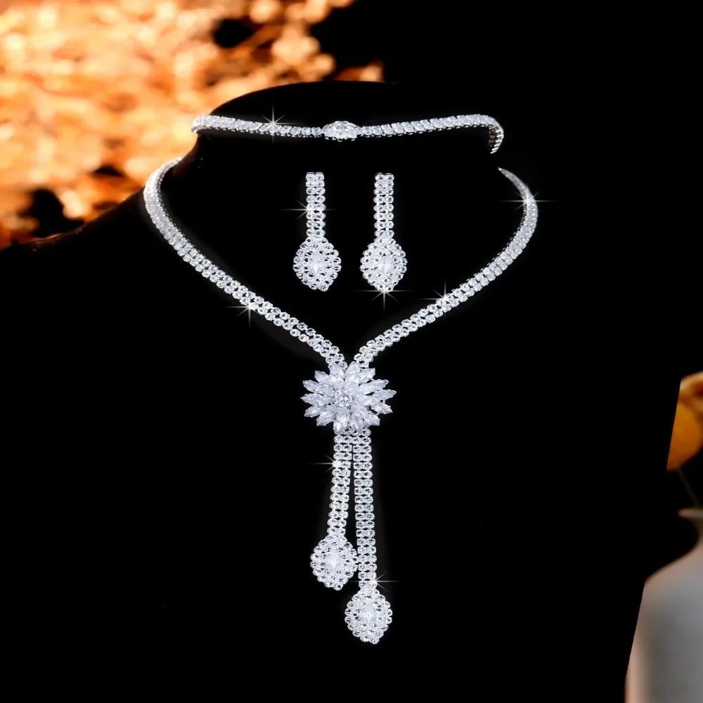 Vintage Crystal Flower Tassel Bridal Jewelry Set – Necklace, Earrings & Bracelet Bridal Jewelry Set PLUSH Silver