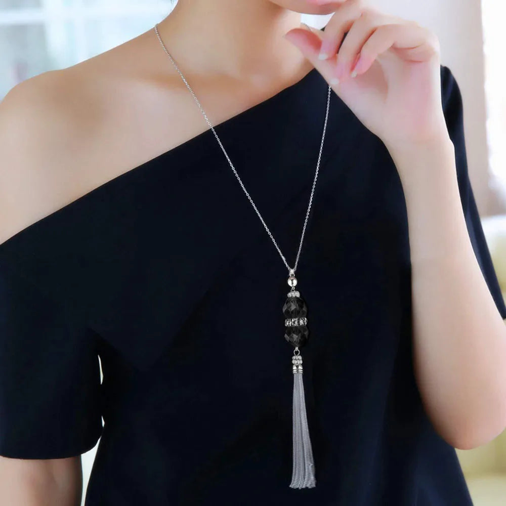 Silver-Tone Long Pendant Sweater Chain Necklace for Women Pendant Necklace PLUSH