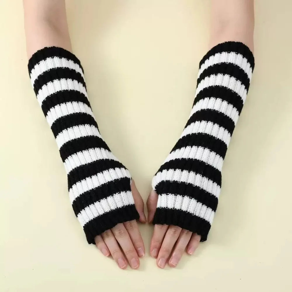 Y2K Striped Fingerless Arm Warmers – Long Knit Arm Sleeves Fingerless Arm Warmers PLUSH Style 3