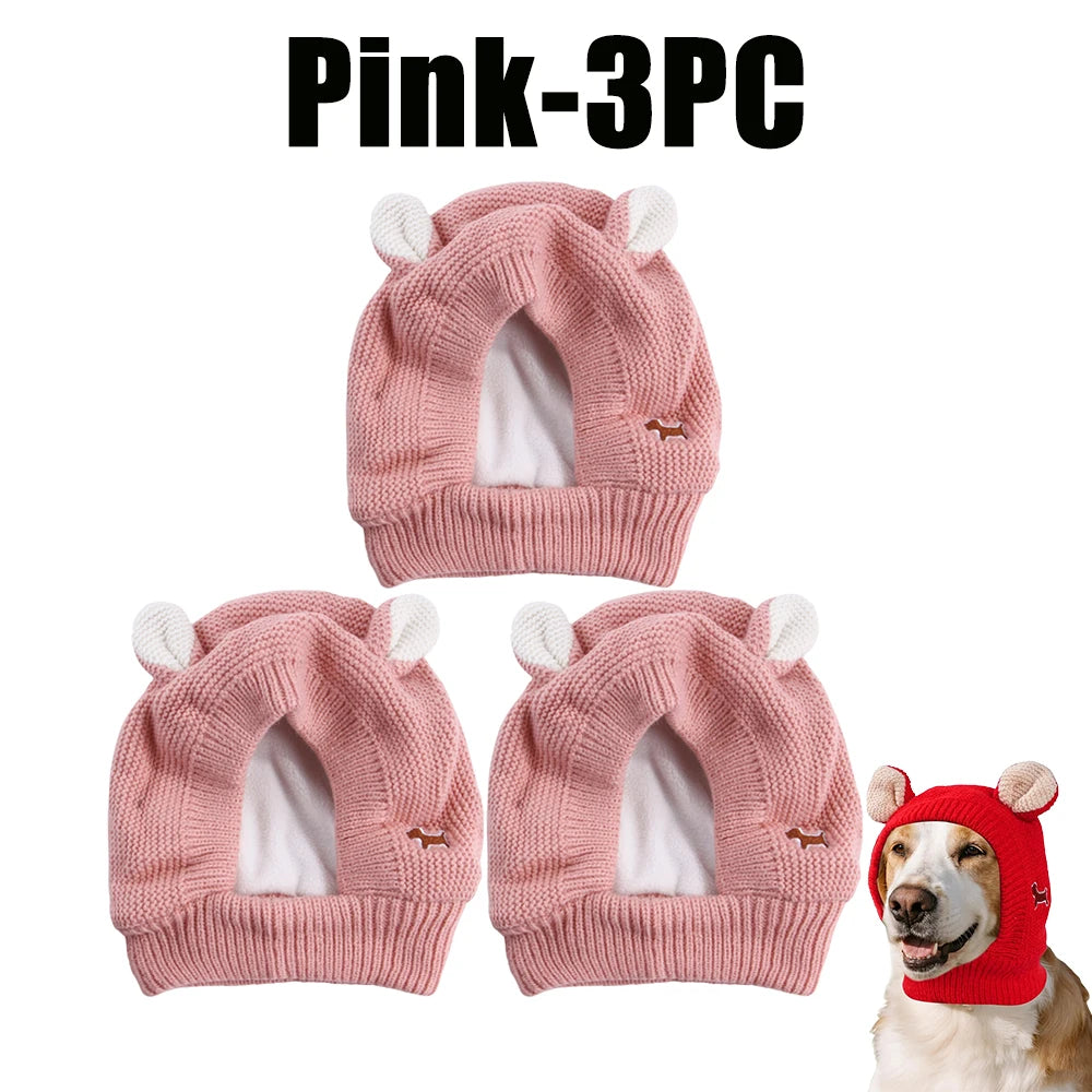 Dog Ear Muffs Knitted Hat – Pet Winter Neck & Ear Warmer Pet Winter Hat PLUSH Pink-3PC