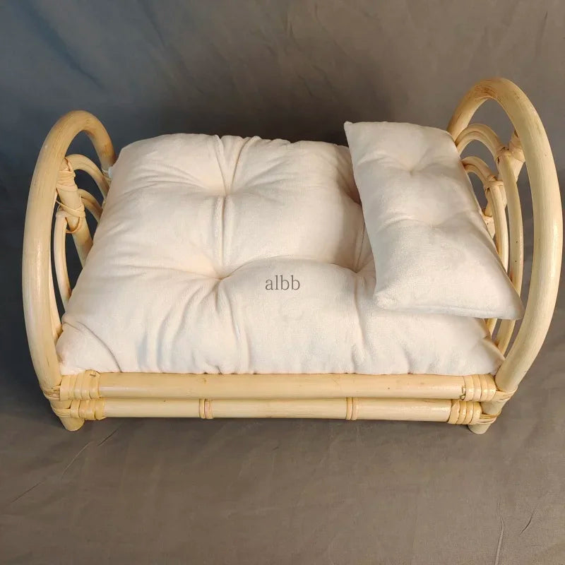 Vintage Rattan Newborn Photography Basket Prop | Baby Bed Newborn Photo Prop PLUSH mat and bed