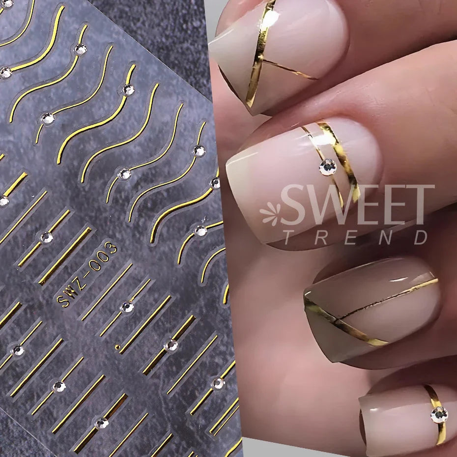 French Line Nail Stickers with Rhinestones Gold Silver 2/3pcs Nail Art Stickers PLUSH