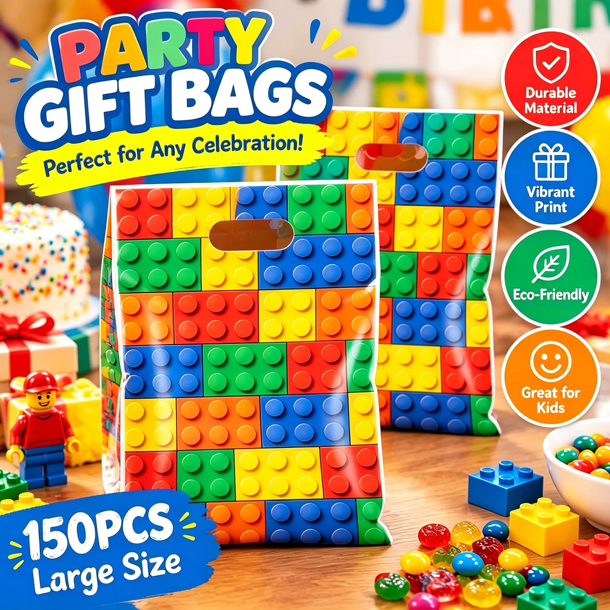 Building Bricks Party Favor Bags with Handles – Kids Gift Bags Party Favor Bags PLUSH 3Bags