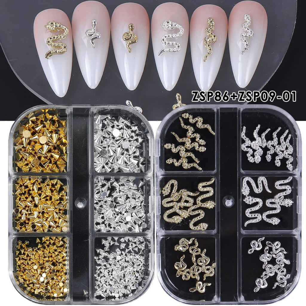 Rhinestone Snake Rivet Nail Charms – Punk Gold & Silver 2 Boxes Nail Art Charms PLUSH ZSP86 ZSP09-01