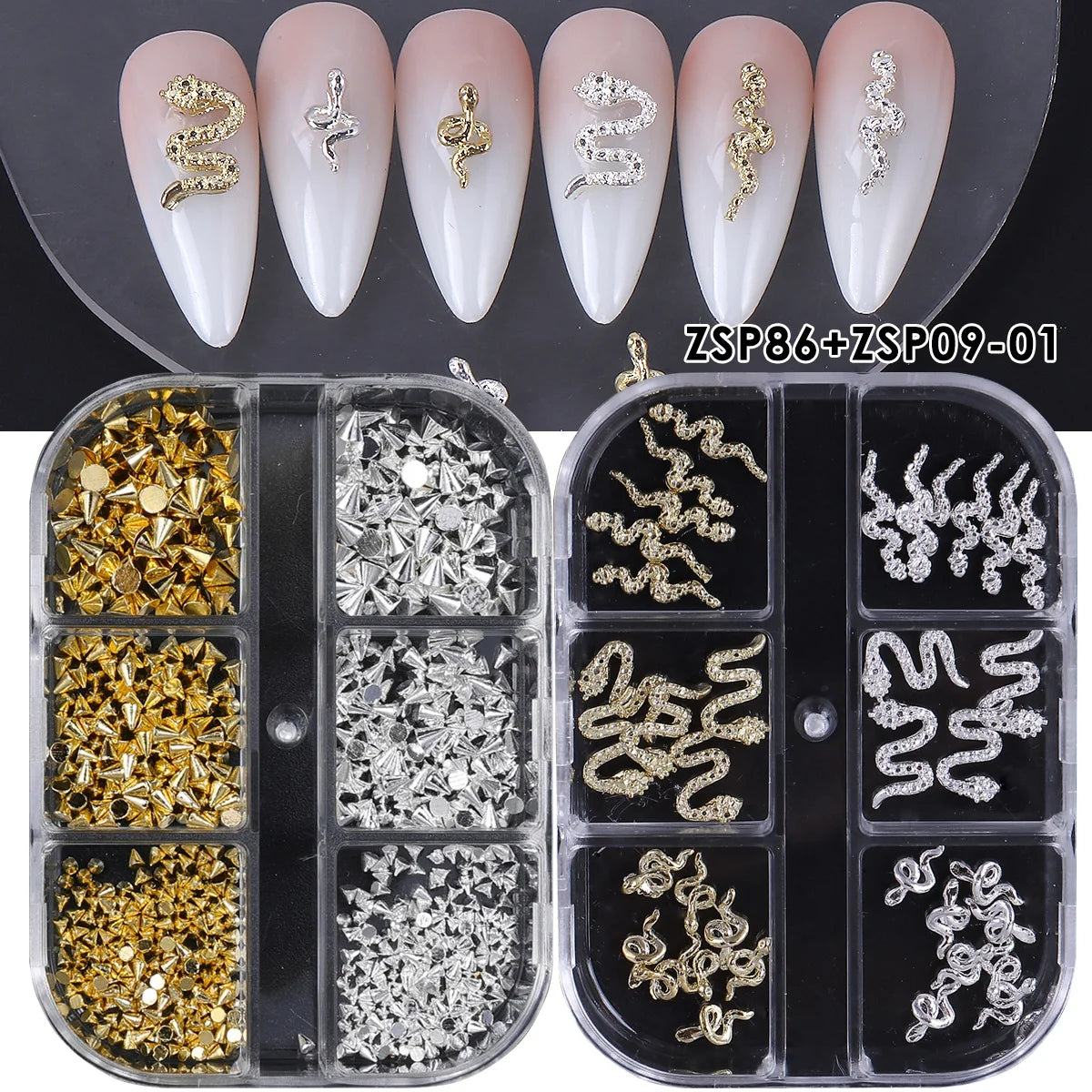 Rhinestone Snake Rivet Nail Charms – Punk Gold & Silver 2 Boxes Nail Art Charms PLUSH ZSP86 ZSP09-01