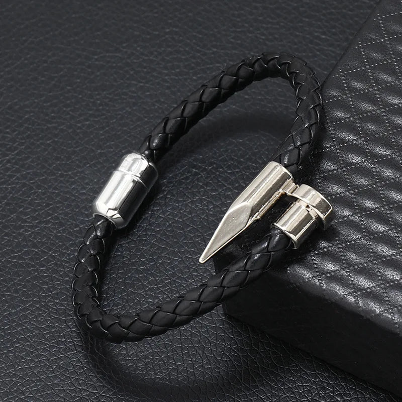 Men's Leather Rope Braided Bangle – Magnetic Alloy Buckle Leather Braided Bracelet PLUSH silvery