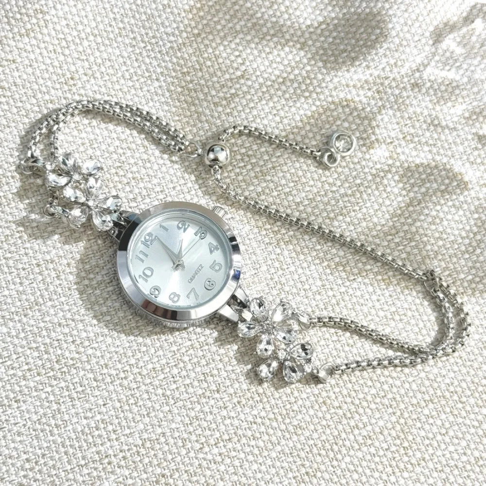 Women's Flower Quartz Bracelet Watch – Double Chain Oval Dial Women's Bracelet Watch PLUSH Silver