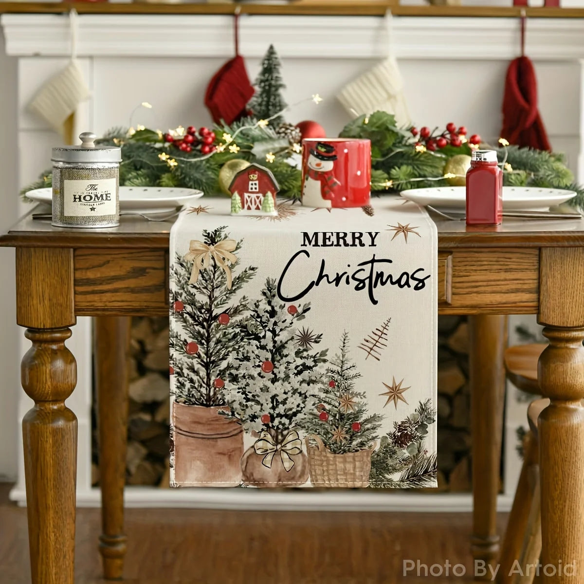 Retro Pastoral Christmas Table Runner | Polyester Holiday Décor Christmas Table Runner PLUSH