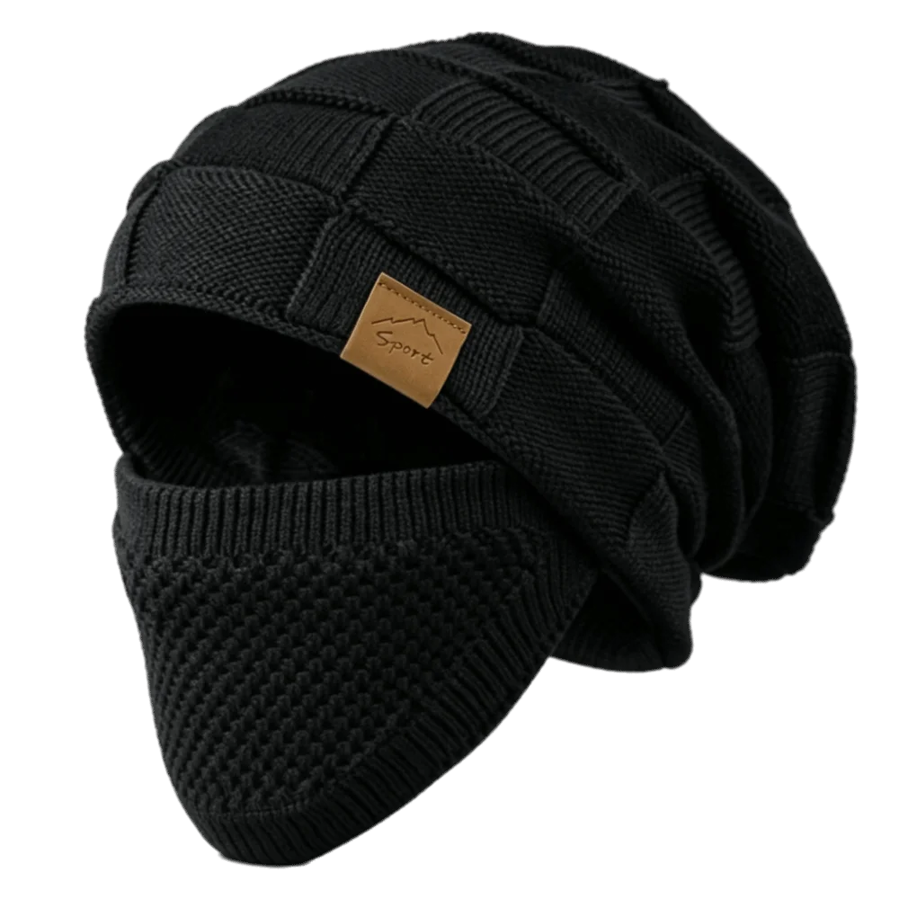 2-Piece Knit Beanie & Face Mask Set – Windproof Winter Hat Knit Beanie Set PLUSH Black